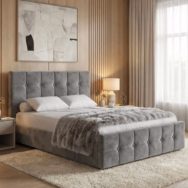 DHS Square Velvet Ottoman Storage Bed Frame, Double (140 x 200 cm), Dark Grey