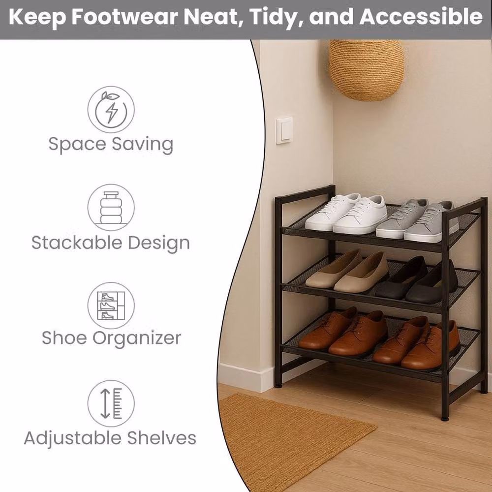 PAWNORA 3-Tier Metal Shoe Organizer Rack in Matt Black – 4