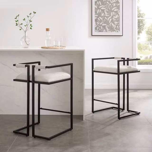 Modish Furnishing Cassie Set of 2 Modern Ivory Fabric and Black Metal Frame Bar Stools – 1