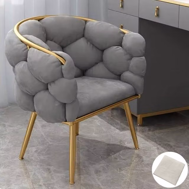 FORGEVIO Grey Upholstered Single Vanity Chair with Backrest and Metal Frame – 1