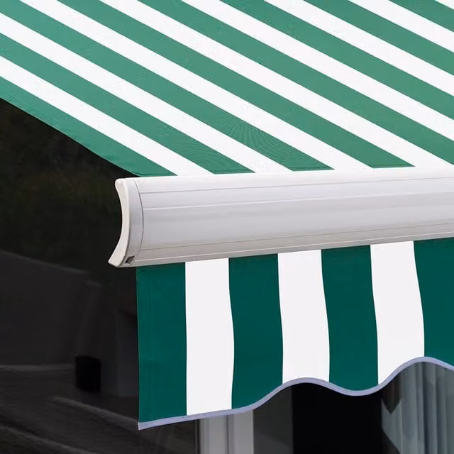 Primrose Electric Full Cassette Patio Awning with Motor, Green and White Stripe, W/D/H: 200 x 150 x 150 cm
