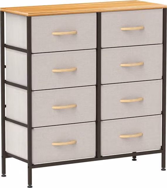 HOMCOM Industrial Fabric Chest of Drawers with 8 Drawers, Steel Frame and Wooden Top in Cream White