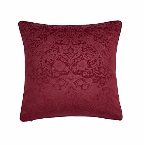 William Morris at Home Strawberry Thief Embossed Microfibre Filled Cushion, Red, W/D/H: 50 x 50 x 50 cm