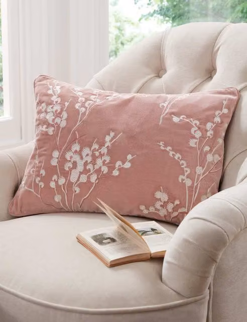 Laura Ashley Pussy Willow Embroidered Cotton Cushion in Light Pink Mix