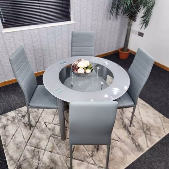 Kosy Koala Modern Round Glass Dining Table and 4 Grey Faux Leather Chairs Set, W/D/H: 90 x 90 x 75 cm – 1