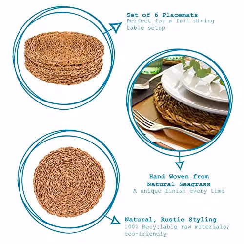 Argon Tableware Round Woven Seagrass Placemats, Brown, Set of 6, Diameter: 30 cm – 5