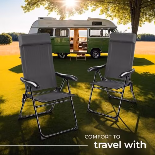 tectake Set of 2 Folding Camping Chairs with Adjustable Backrest and Soft Head Cushions in Anthracite – 2