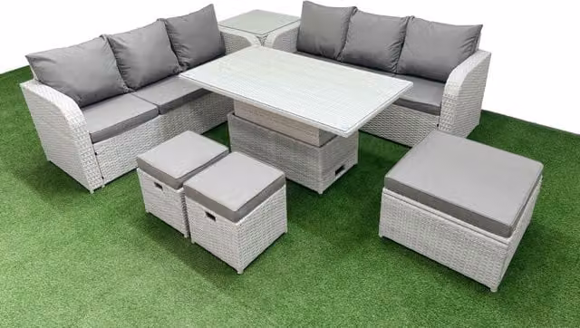 Fimous 9 Seater Grey Wicker Rattan Garden Furniture Set with Adjustable Lifting Dining or Coffee Table and High Back Lounge Sofas – 1
