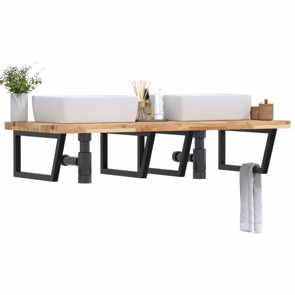 Berkfield Home Wall Mounted Basin Shelf in Brown Steel and Solid Acacia Wood