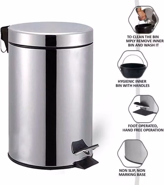 EONLION 3L Silver Stainless Steel Pedal Bin – 1