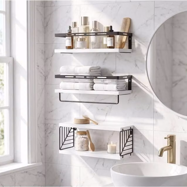 Living and Home Wall-Mounted Floating Shelves Storage Organiser with Hanging Rod in White and Black