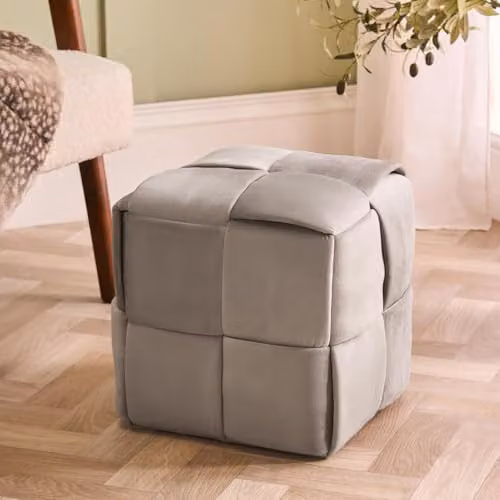 OHS Matte Velvet Square Ottoman Footstool in Natural