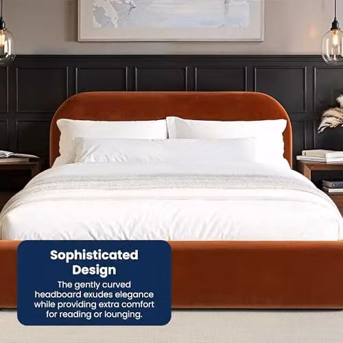 Flair Furnishings Alba Ottoman Bed, King Size Velvet and Bouclé Bed Frame with Storage and Curved Headboard, Orange, H 165 x W 150 x D 221 cm – 4