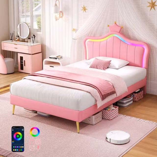 Rolipo 3ft Single Pink Upholstered Bed Frame with RGB LED Crown Headboard – 1