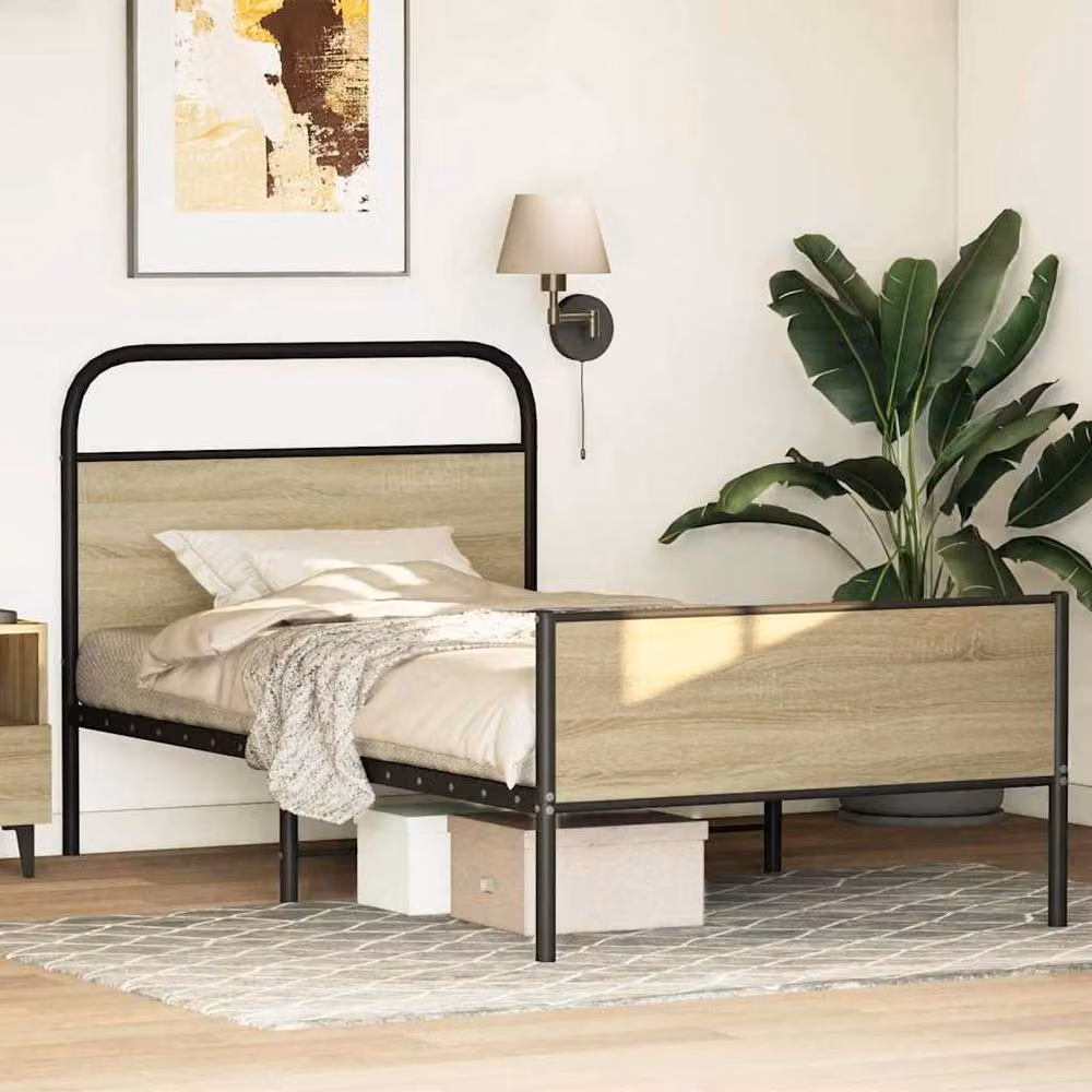 Berkfield Home Sonoma Oak Bed Frame in Light Tan, W/D/H: 90 x 190 cm – 2