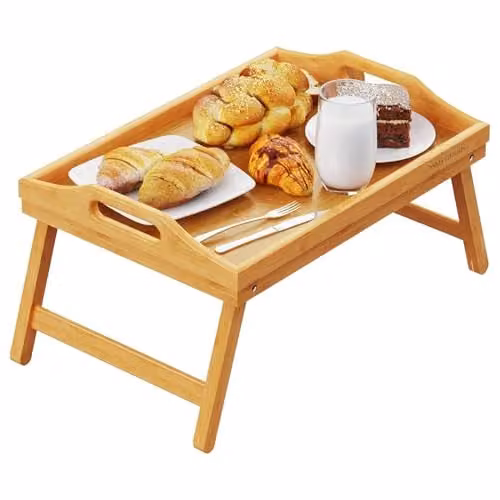 Mantraraj Bamboo Bed Tray Table with Foldable Legs and Handles in Brown, W: 60.5 cm, D: 30 cm, H: 23 cm – 1