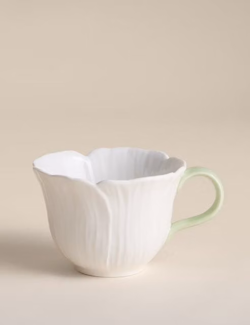 M&S White Floral Bone China Ceramic Mug for Adults, Dishwasher Safe