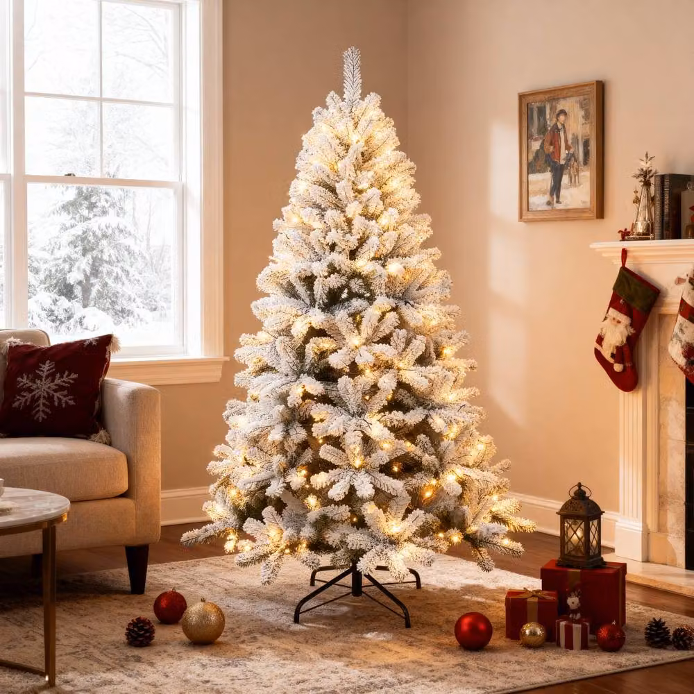 Shatchi 4ft Pre-Lit Yukon Snow Pine Christmas Tree with Warm White LEDs in Green and White – 3