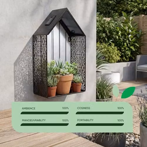 Gardenwize Solar House Wall Planter with Warm White LED Light, Black Metal, W/D/H: 40 x 12 x 12 cm – 7