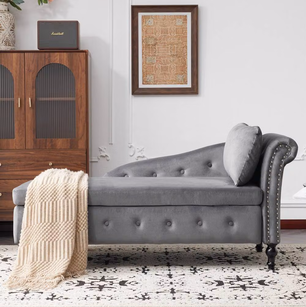 STILVORA Grey Velvet Chaise Lounge Sofa with Storage and Scatter Cushions – 3