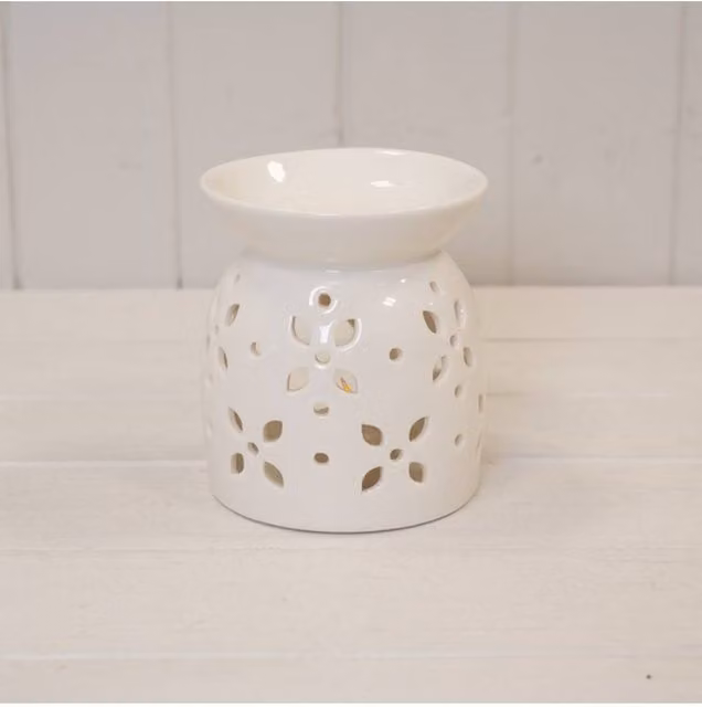KDMD White Ceramic Glazed Oil Burner with Floral Petal Design