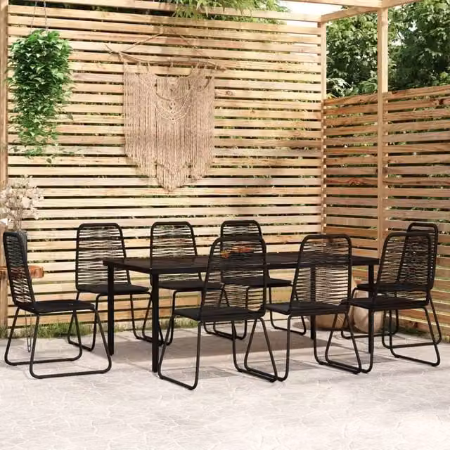 Berkfield Home 9 Piece Modern Black Garden Dining Set with Glass and Rattan