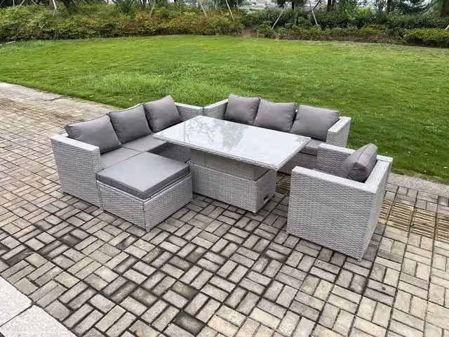 Fimous Outdoor PE Rattan Garden Furniture Set with Height Adjustable Lifting Table and Armchair in Light Grey