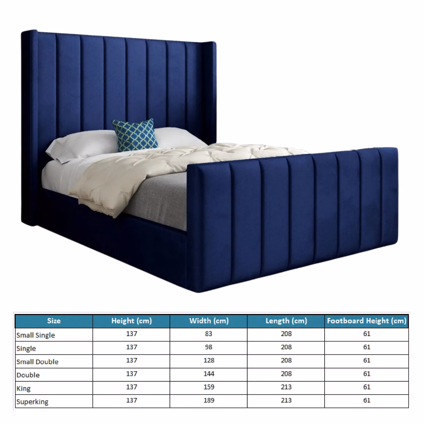 Casani Blue Velvet Upholstered Designer Bed Frame W/D/H: 120 x 200 cm – 5