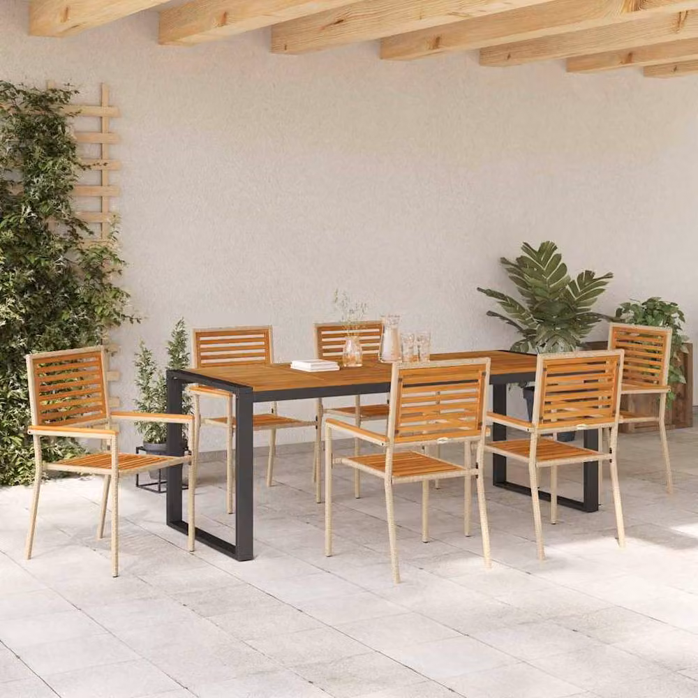 Berkfield Home 7 Piece Modern Garden Dining Set in Beige Poly Rattan and Acacia Wood – 3