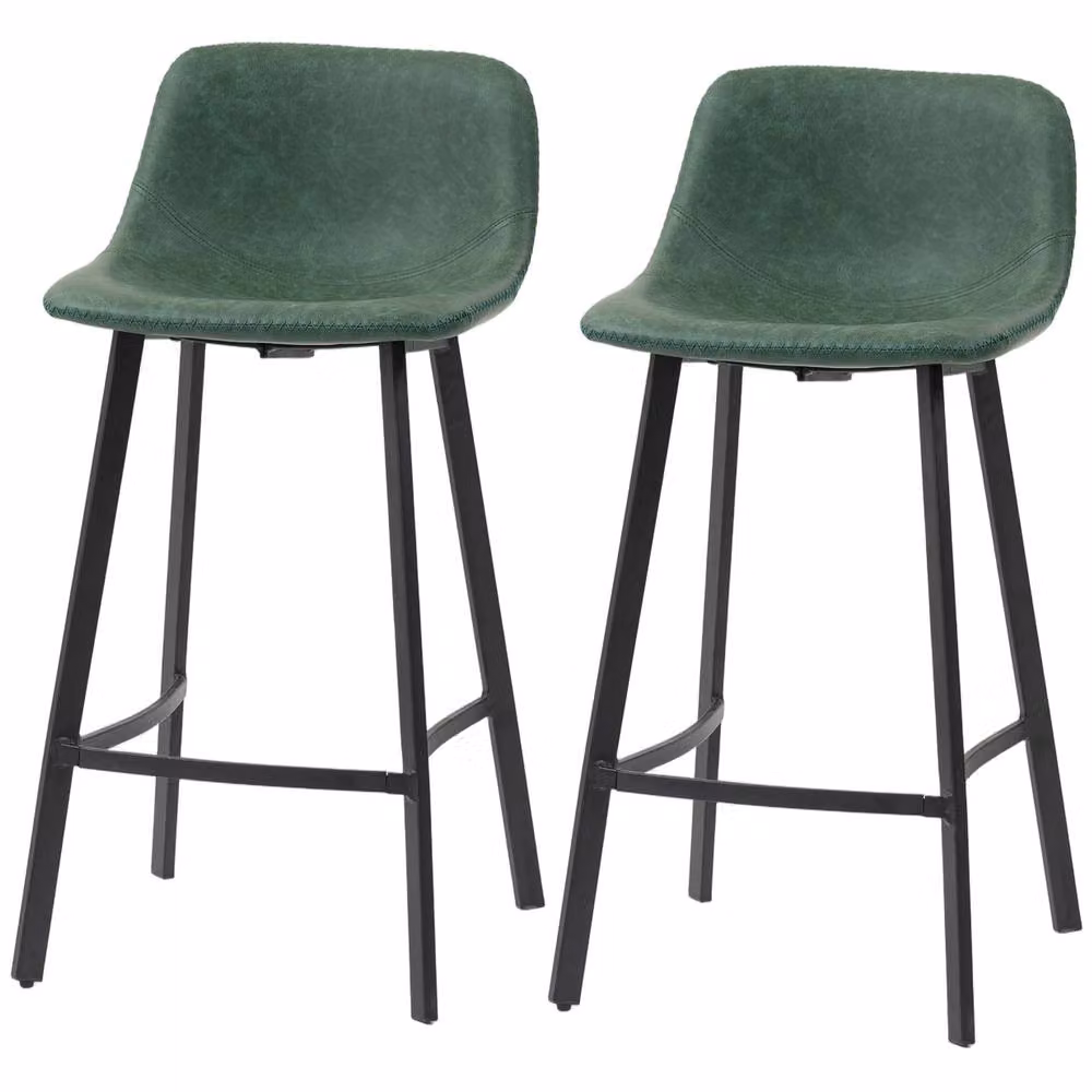 STILVORA Set of 2 Modern Green Faux Leather Bar Stools with Metal Frame – 3