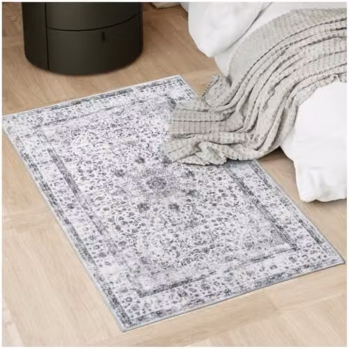 tectake Vintage Oriental Pattern Rug in Grey, Washable Short-Pile Wool Carpet with Non-Slip Base, W: 80 cm x L: 150 cm – 1