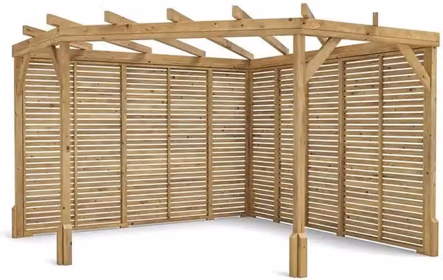 Dunster House Utopia Diamond Wooden Corner Pergola Kit in Brown with Slatted Walls and Trellis