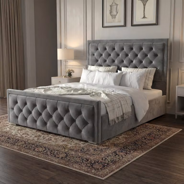 DHS Cross Puffed Velvet Ottoman Storage Bed Frame in Grey, W/D/H: 140 x 200 x 130 cm