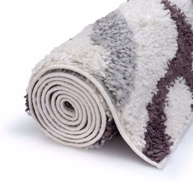 Moodi Abstract Design Patterned Shaggy Runner in Purple, Grey and Cream