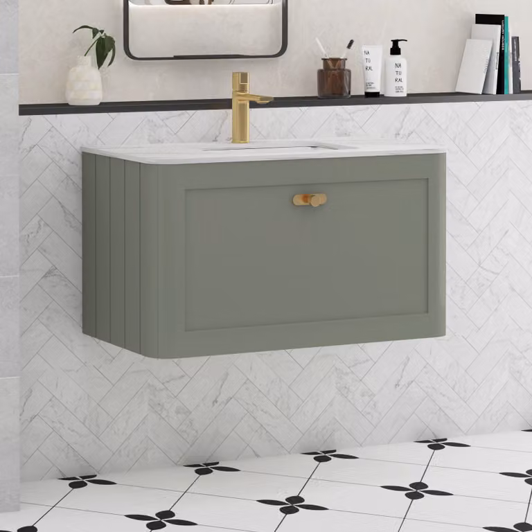 Royal Bathrooms Henley Wall Mounted Bathroom Vanity Unit with One Drawer in Matt Sage Green