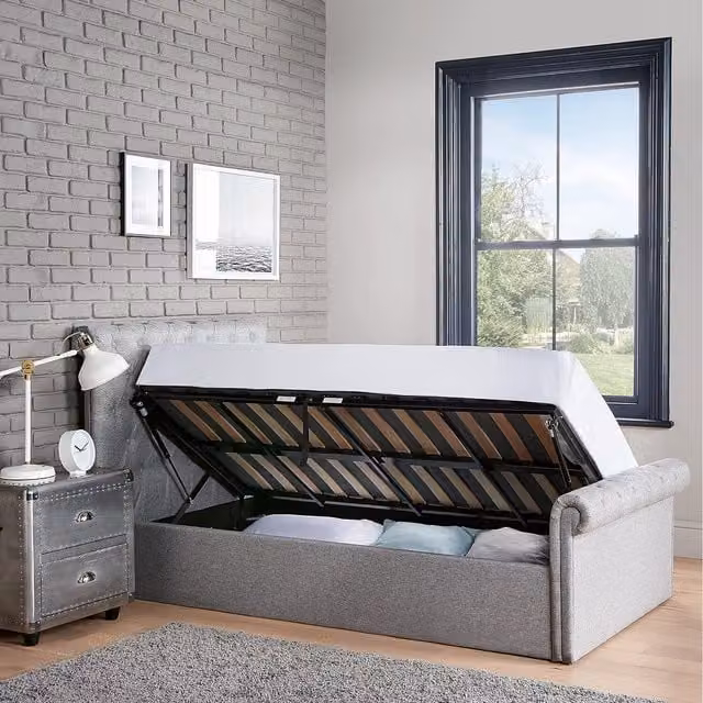 Home Treats Grey Upholstered Sleigh Bed with Ottoman Lift Up Storage Base, W/D/H: 90 x 200 cm