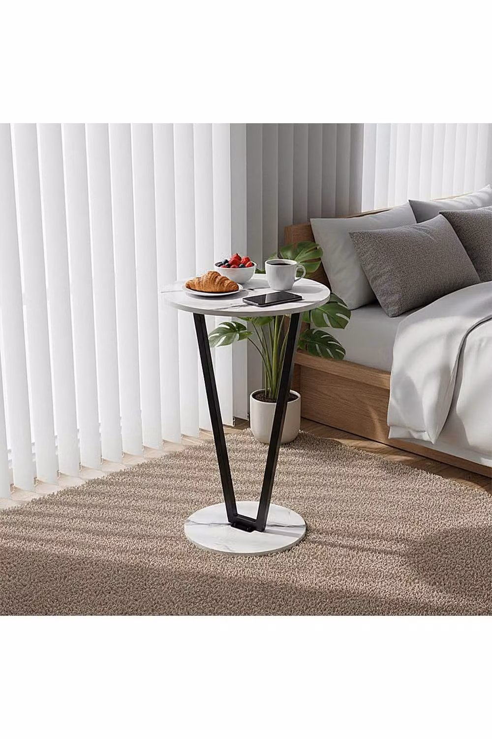 Living and Home Round Marble Side Table in White and Multicolour with Rustic Wood and Metal Accents – 2