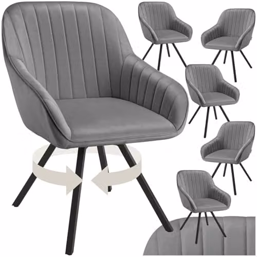 tectake Set of 6 Modern Velvet Dining Chairs in Grey with Metal Legs – 1