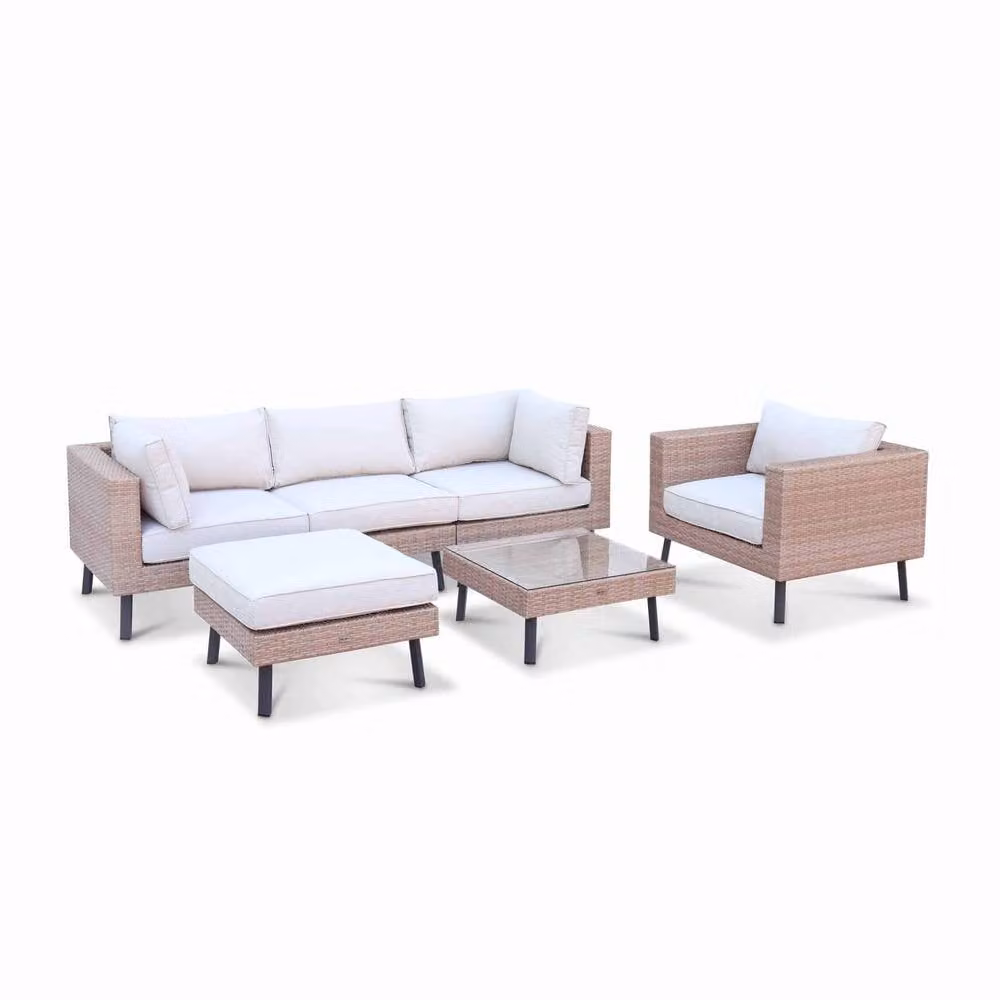 sweeek 5-Seater L-Shape Polyrattan Garden Sofa Set in Brown with Beige Upholstered Cushions and Powder Coated Aluminium Frame – 2