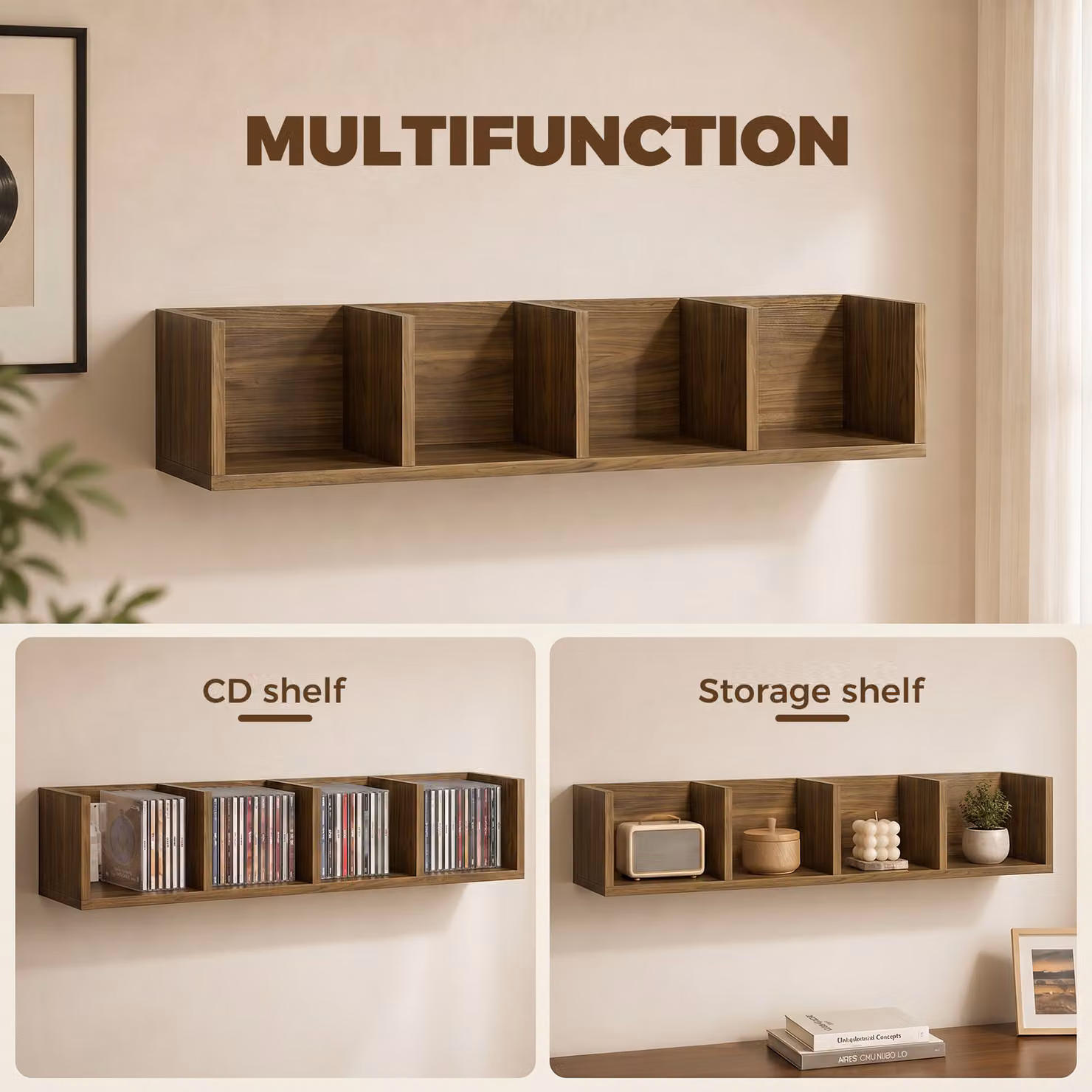 HOMCOM Wall Mounted Wooden Media Storage Rack with 4 Cubes for CD, DVD and Blu-ray, Walnut Brown – 5