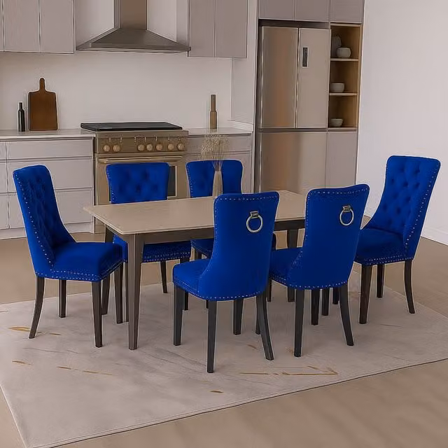 Neo Set of Six Blue Velvet Studded Dining Chairs with Ring Knocker