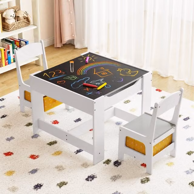 Costway Toddler Desk and 2 Chairs Set in White and Yellow
