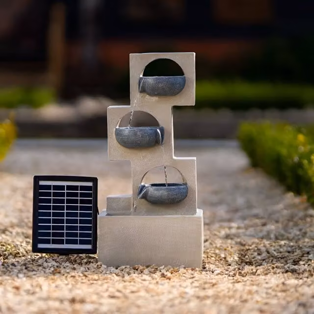 Primrose Solar Tabletop Column Tiered Cascade Water Feature with Lights in Brown and Grey