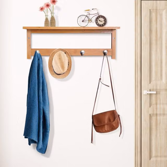HOMCOM Wall Mounted Bamboo Coat Rack with 4 Hooks, Rail and Storage Shelf in Brown – 1