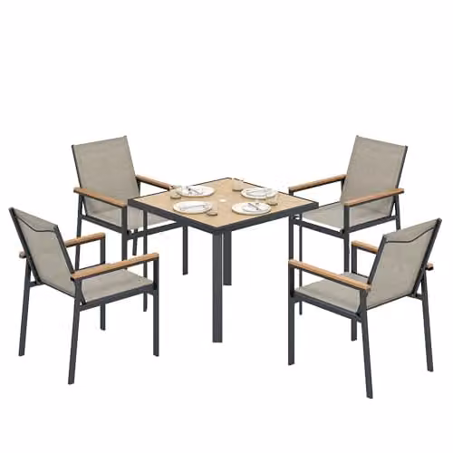 Outsunny 5 Piece Garden Dining Set with Square Glass Table and 4 Chairs in Beige