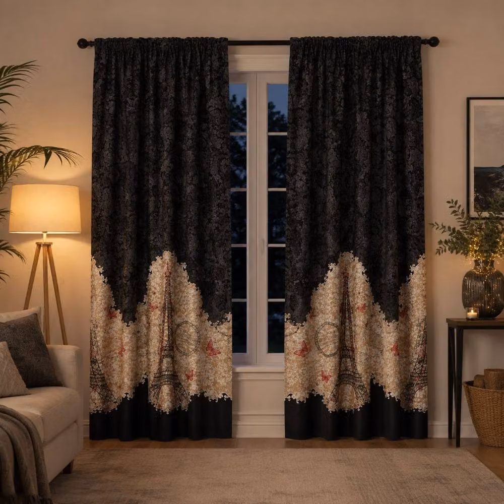 Smart Living Oooh La La Curtains Pair with Tie Backs in Black Eiffel Tower Print, Width: 167 cm, Drop: 183 cm – 2