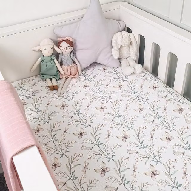 Minky Myles Women's Cotton Jersey Baby Fitted Cot Bed Sheet with Floral Butterfly Design in White, W/D/H: 70 x 140 cm
