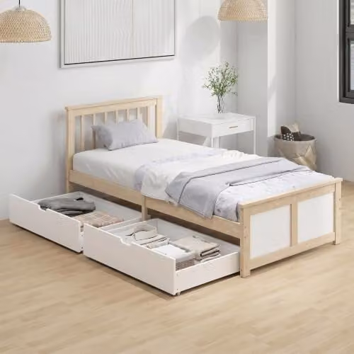 HOMCOM Single Solid Pine Wood Storage Bed with 2 Drawers, Natural Finish, W/D/H: 90 x 190 x 82 cm – 1