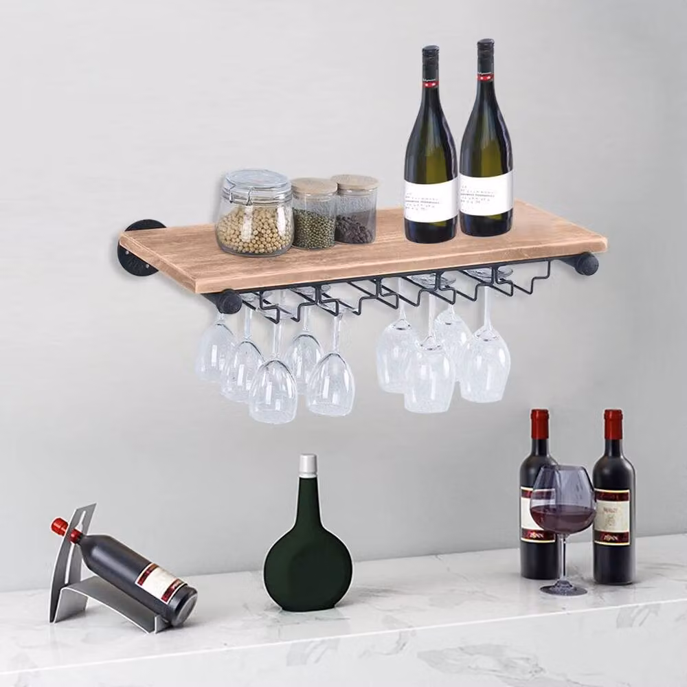 FORGEVIO Wall Mounted Wooden Wine Rack and Glass Bottle Storage Holder in Brown – 2