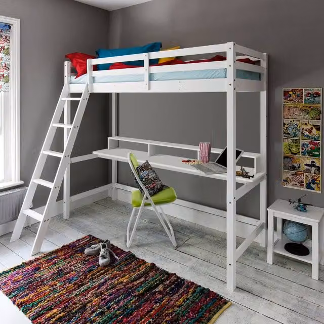 Nöa and Nani Thomas High Sleeper Cabin Bed with Thea Desk in White, Single Size, Solid Pine Wood